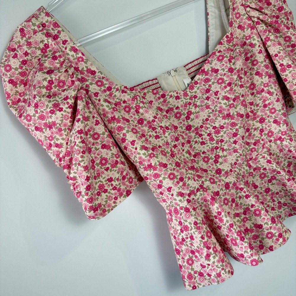 Amanda Uprichard Natasha Blouse Women L Pink Floral Puff Sleeve Peplum Smocked - Picture 3 of 12